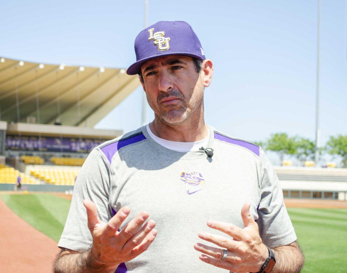 LSU softball coach Howard Dobson speaks to the media during softball media day on Thursday, April 5, 2018, at Tiger Park.