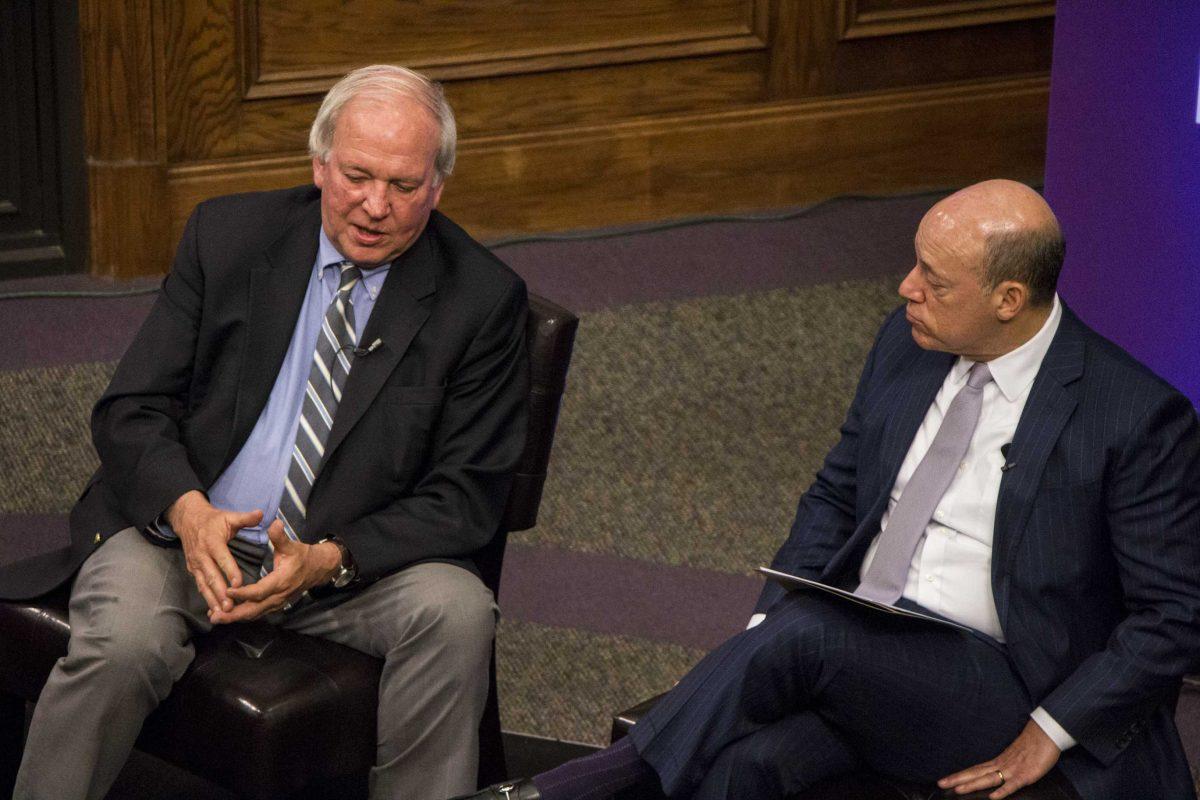 Former White House press secretaries Mike McCurry and Ari Fleischer speak in the Holliday Forum at the Manship School of Mass Communication on Tuesday, April 17, 2018.