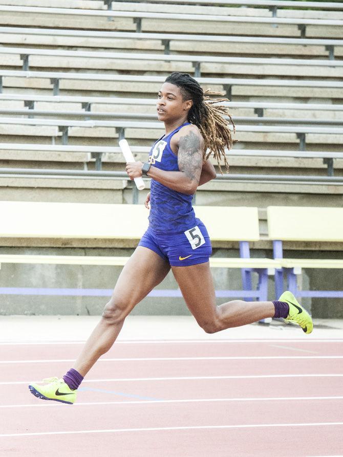 LSU senior sprinter Aleia Hobbs competes in the 4x100 meter relay on Saturday, April 7, 2018, at the Bernie Moore Track Stadium on Nicholson Drive.