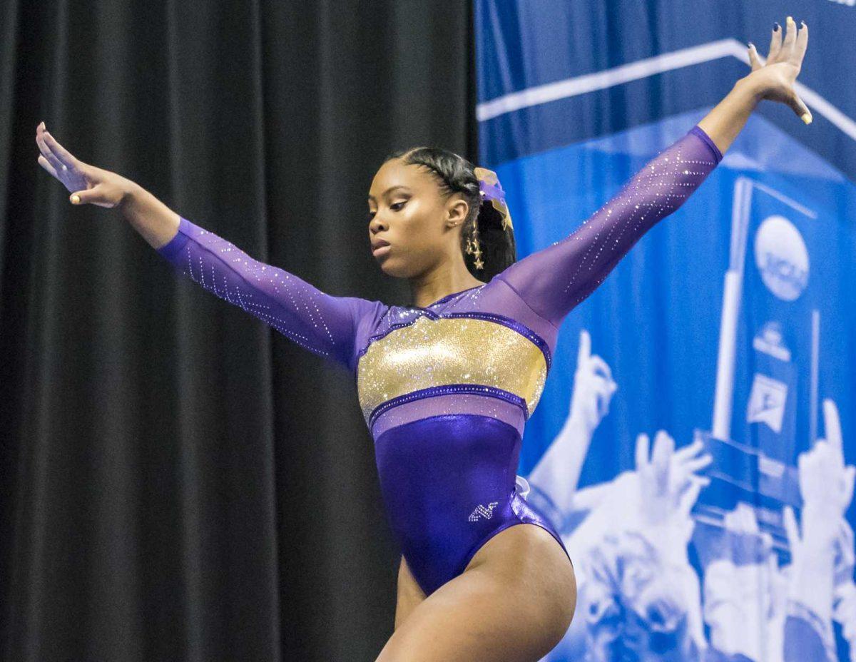 LSU sophomore Kennedi Edney performs her beam routine during the Semifinals of the NCAA Gymnastics Super Six on Friday, April 20, 2018, in Saint Louis, Missouri at the Chaifetz Arena.