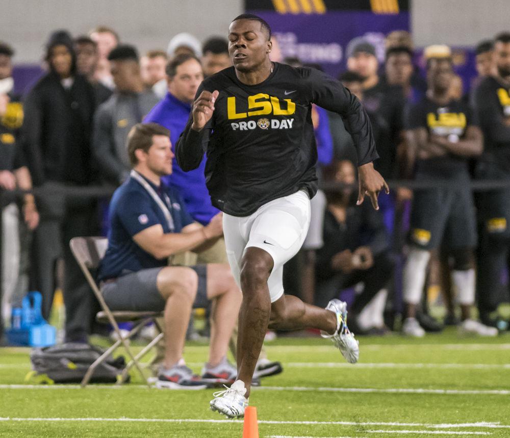 LSU defensive end Arden Key runs the 40-yard dash at LSU's NFL Pro Day on Wednesday, April 4, 2018 in the Indoor Practice Facility.