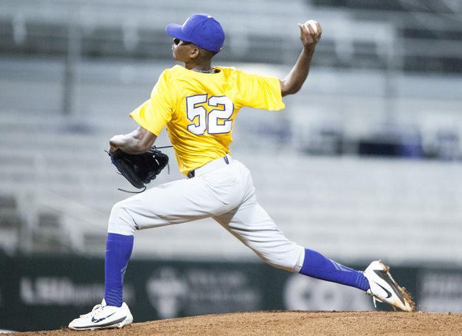 LSU freshman right-handed pitcher Ma-Khail Hilliard (52) pitches on Thursday, Nov. 9, 2017, at the Purple-Gold scrimmage at Alex Box Stadium.