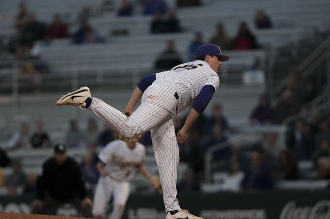 LSU freshman pitcher AJ Labas (26) pitches the ball during the Tigers' 9-4 win against&#160;University of South Alabama on Wednesday March 14, 2018, at Alex Box Stadium.