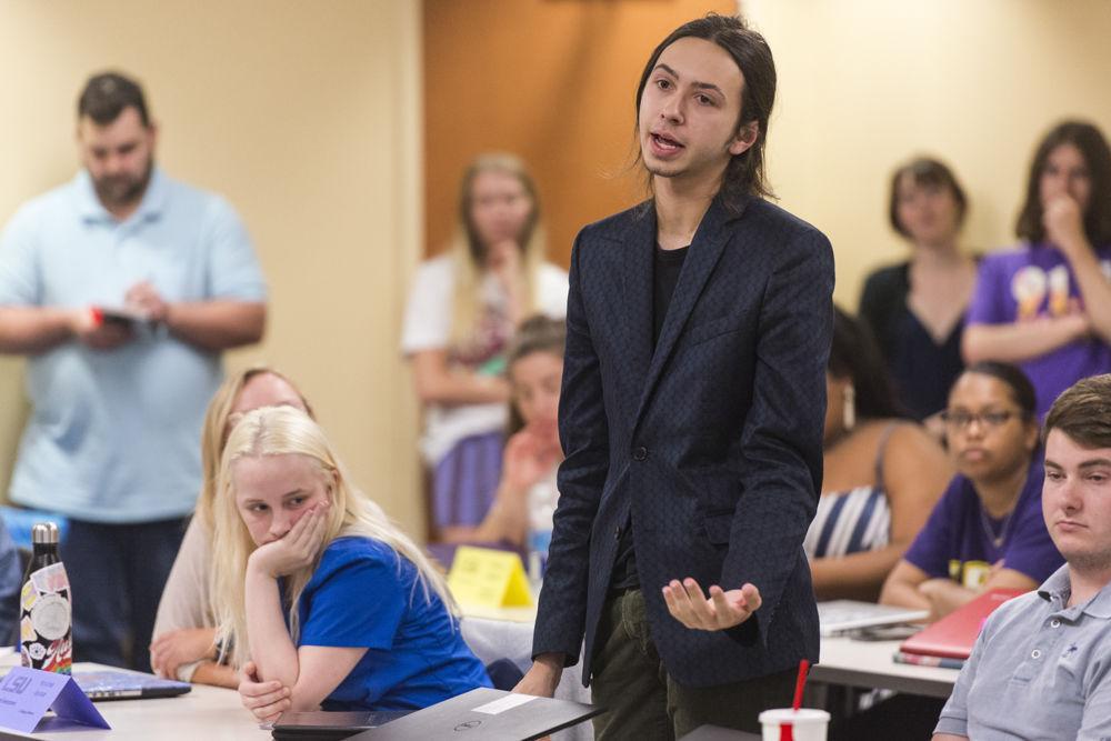 Student body senator Jack Green asks a series of questions surrounding Student Media funding during the student senate meeting on Tuesday April 24, 2018, in the LSU Student Union.