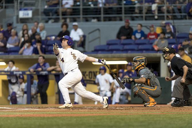 LSU senior outfielder Beau Jordan (24) slams a home run on the first ball pitched to the Tigers during LSU&#8217;s 9-3 victory over University of Tennessee in Alex Box Stadium on Friday, April 13, 2018.