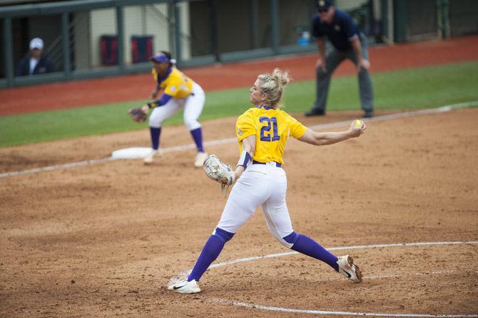 LSU senior pitcher Carley Hoover (21) pitches during the Tigers' 3-1 loss against Ole Miss on Sunday, April 8, 2018 at Tiger Park.