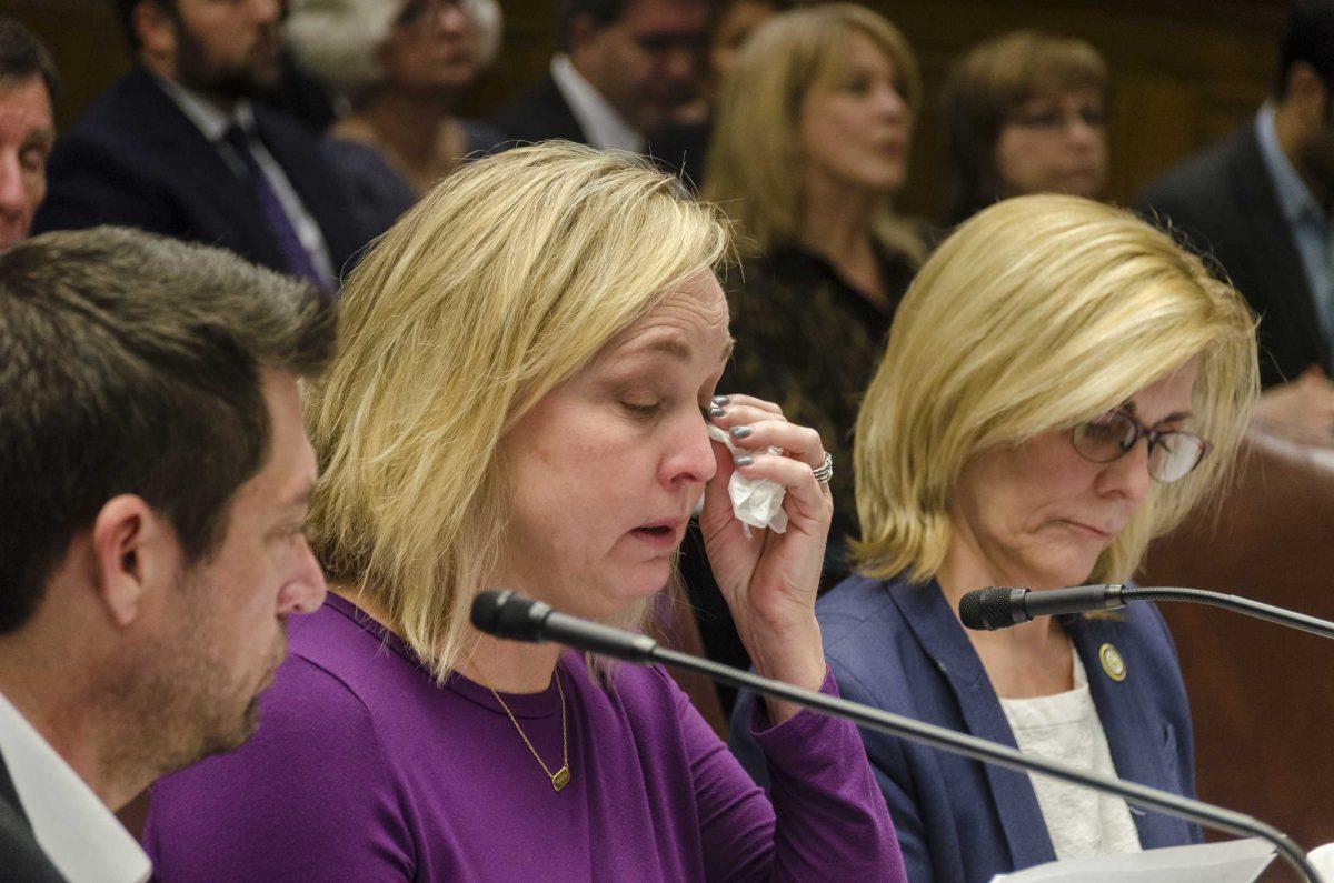 Maxwell Gruver's mother, Rae Ann Gruver, wipes away tears during the Administration of Criminal Justice House committee meeting on Wednesday, March 21, 2018, at the Louisiana state capitol.