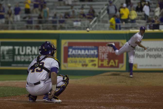 LSU freshman catcher, Trent Forshag (43), warms up during the Tigers&#8217; 13-4 victory against Vanderbilt on Thursday, April 4, 2016 at Alex Box Stadium.