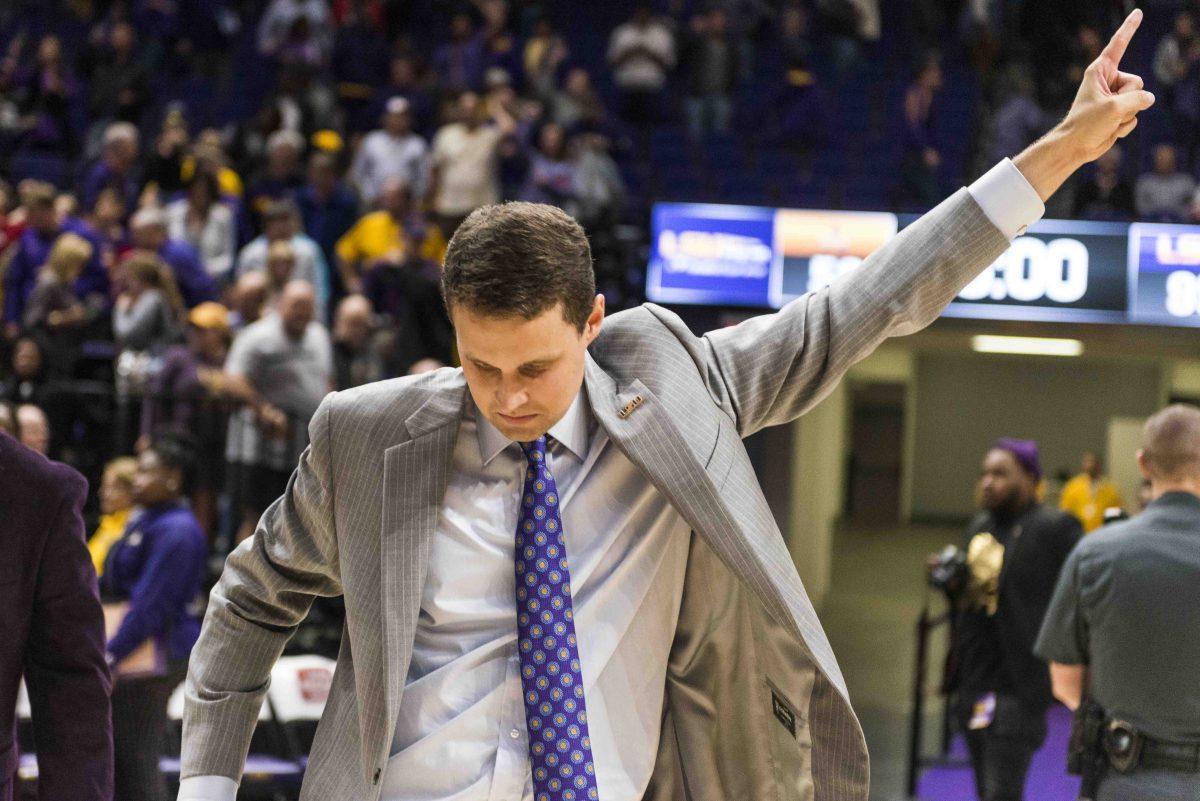 LSU head mens basketball coach Will Wade points upwards after LSU's 99-59 win over Alcorn on Friday Nov. 10, 2017, in the PMAC.