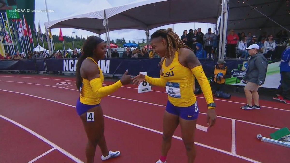 Members of the LSU women's track team celebrate their 4x100 meter relay title. (Courtesy: ESPN 3)