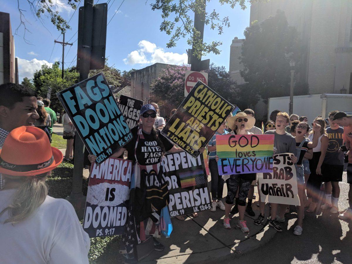 Loyola University of New Orleans students and alumni counter-protest the Westboro Baptist Church on Loyola's campus on June 28, 2018.