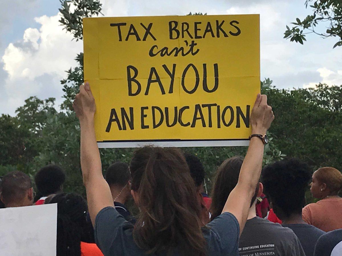 LSU students, professors and administrators gather at the Louisiana Capitol on May 21, 2018 to rally against potential cuts to the TOPS program.&#160;