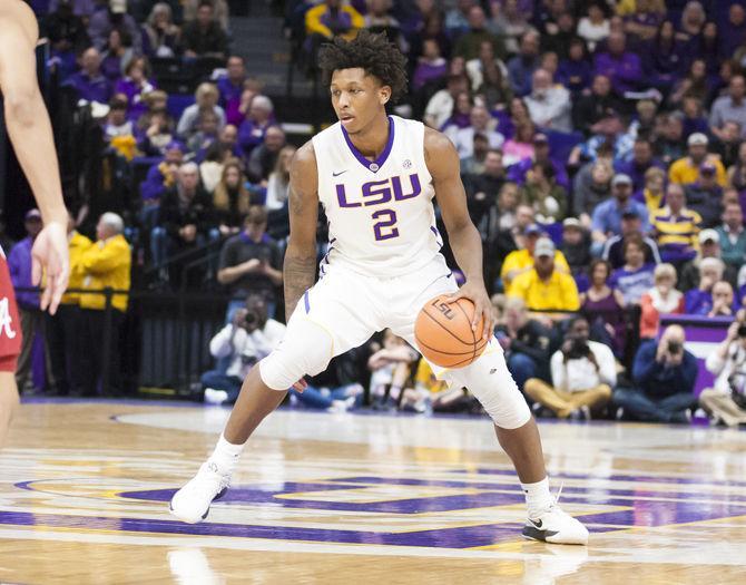 LSU freshman guard Brandon Rachal (2) dribbles during the Tigers' 66-74 loss to Alabama on Saturday, Jan. 13, 2018, in the PMAC.