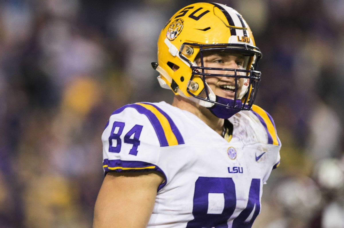 LSU junior tight end Foster Moreau (84) prepares to play during the Tigers' 45-21 lead against Texas A &amp; M on Saturday, Nov. 25, 2017, in Tiger Stadium.