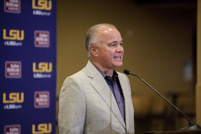 Coach Paul Mainieri speaks to the media during Baseball Media Day in Alex Box Stadium on Friday, Jan. 26, 2018.