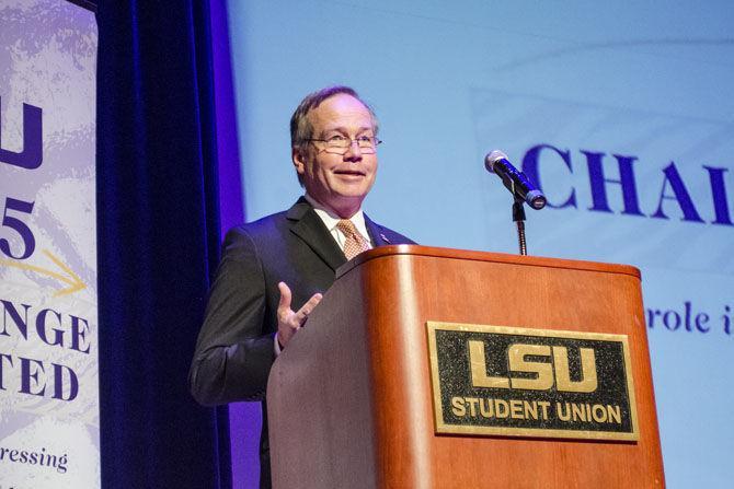 LSU president F. King Alexander addresses a speech at the Student Union Theater on Friday, Feb. 16, 2018.