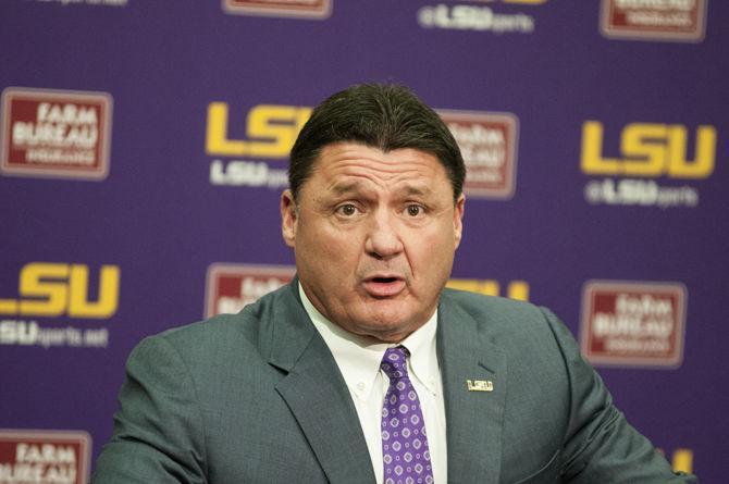 LSU coach Ed Orgeron speaks about his history coaching with Steve Ensminger during a press conference on Jan. 11, 2018.