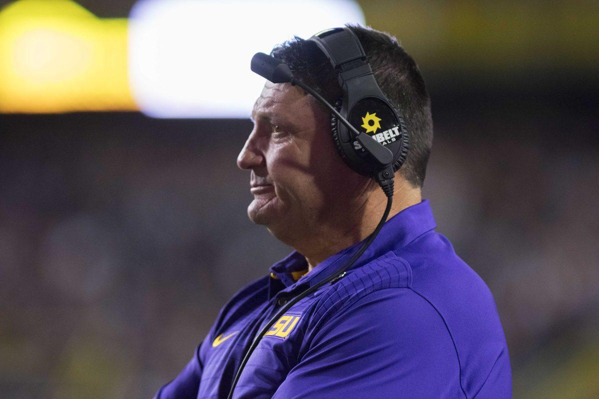 Coach Ed Orgeron watches the game intensely during the Tigers' 45-21 win against Texas A&amp;M on Saturday, Nov. 25, 2017, in Tiger Stadium.