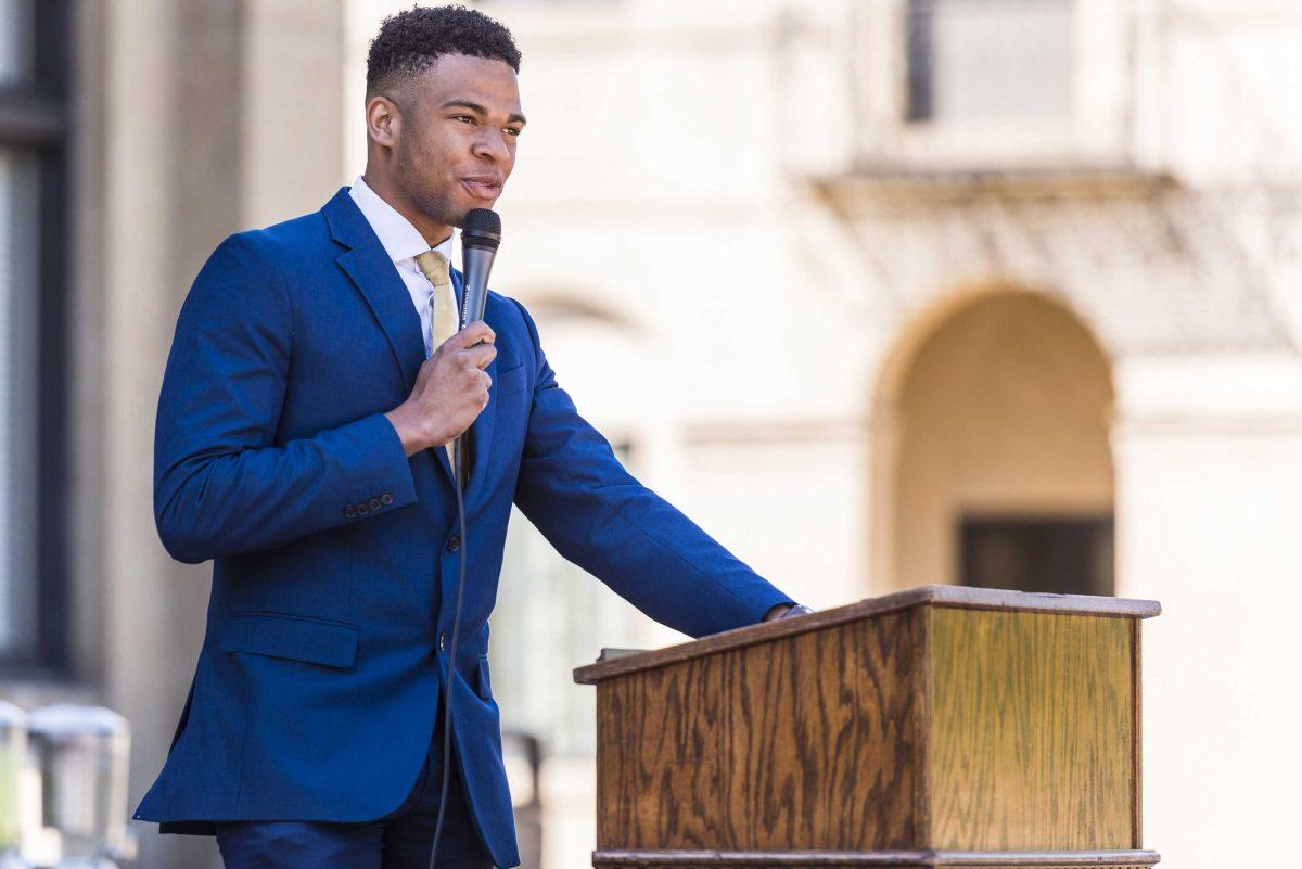 LSU Student Government president Stewart Lockett gives his presidential address during LSU's 2018-19 Student Government inauguration on April 4, 2018, near Memorial Tower. Lockett was the first black person in nearly 30 years to be elected as SG president.&#160;