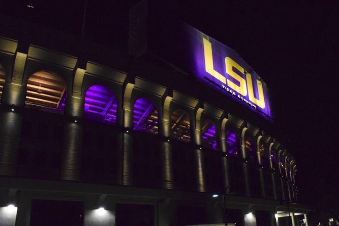 LSU Tiger Stadium shines bright on Monday, Jan. 22, 2018, on LSU campus.