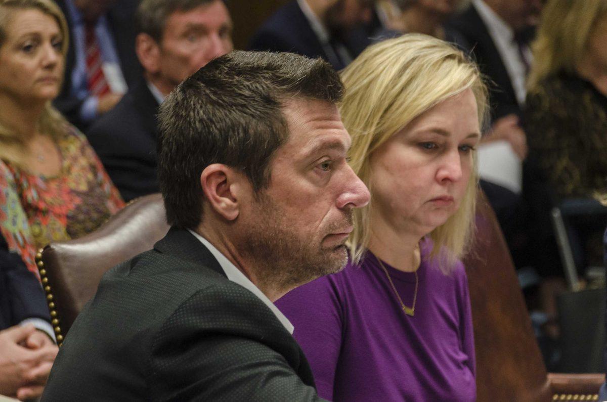 Maxwell Gruver's father, Stephen Gruver, (Left) and mother, Rae Ann Gruver, (Right) wait for the Administration of Criminal Justice House committee meeting to begin on Wednesday, March 21, 2018, at the Louisiana state capitol.