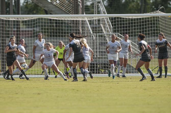 LSU women's soccer defends Vanderbilt during the Tigers' 0-1 loss against Vanderbilt on Sunday, Sept. 17, 2017, at the LSU Soccer Stadium.