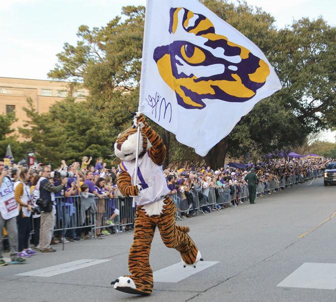 Mike the Tiger excites the crowd on Victory Hill before the game against Texas A&amp;M, on Saturday, Nov. 25, 2017.