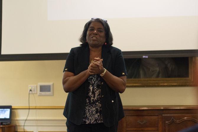 Former U.S. Ambassador Linda Thomas-Greenfield&#160;speaks to students about her experiences in the French House on Wednesday, Aug. 29, 2018.