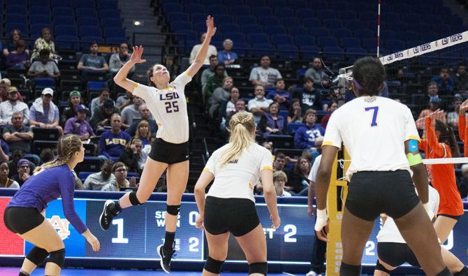 LSU junior outside hitter Toni Rodriguez (25) spikes the ball during the Lady Tigers' 3-1 victory over Auburn University on Wednesday, Nov. 15, 2017, in the Pete Maravich Assembly Center.