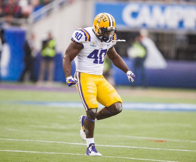 LSU sophomore linebacker Devin White (40) celebrates during the Tigers' 17-21 loss to Notre Dame in the Citrus Bowl on Monday, Jan. 1, 2018 in Camping World Stadium in Orlando, Florida.