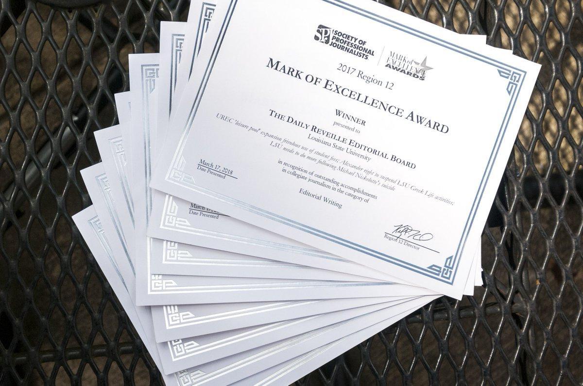 The Daily Reveille Editorial Board received national recognition, and the staff won regional awards for its editorials, website, news and sports reporting from 2017 in the Society of Professional Journalists Mark of Excellence and Louisiana-Mississippi Associated Press Broadcast and Media Editors contests.