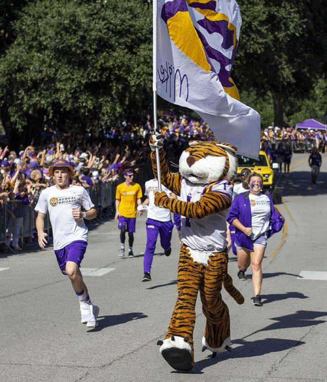 Mike the Tiger leads chants before the Southeastern game on Saturday, Sept. 8, 2018, on Victory Hill.