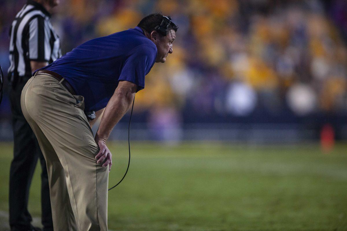 LSU football coach Ed Orgeron watching his team during the 45-16 victory against Ole Miss in Tiger Stadium on Saturday, Sept. 29,2018.