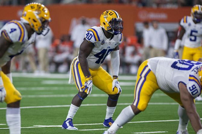 LSU junior linebacker Devin White (40) prepares for a play during the Tigers' game against Miami in the AdvoCare Classic on Sunday, Sept. 2, 2018 at AT&amp;T Stadium in Arlington, Texas.