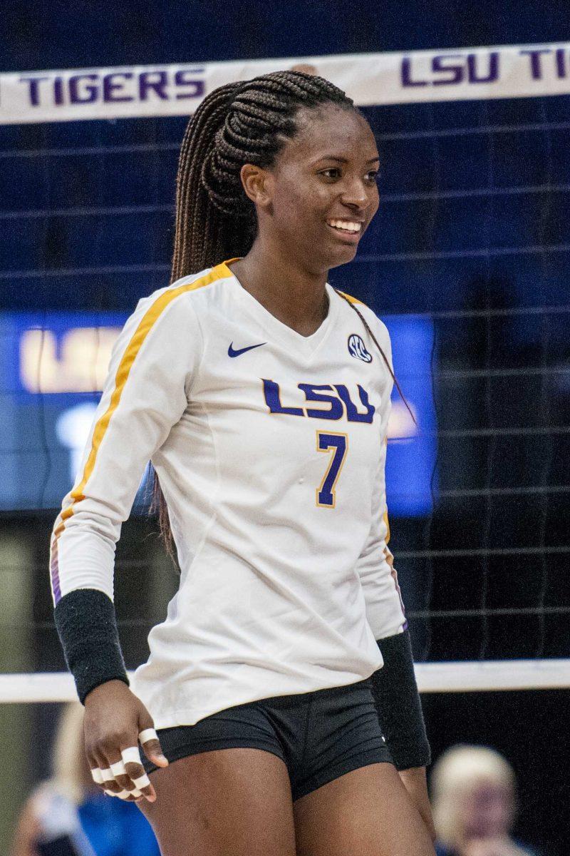 LSU sophomore outside hitter and right side hitter Taylor Bannister (7) celebrates a play during the Lady Tigers' 1-3 loss in the PMAC against Duke on Friday, Aug. 31, 2018.