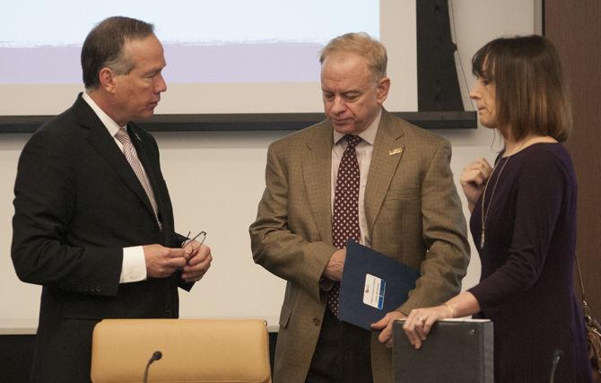 LSU President F. King Alexander speaks with task force members during the final Greek Life Task Force meeting on Wednesday, Feb. 21, 2018, in the LSU Foundation Center for Philanthropy.