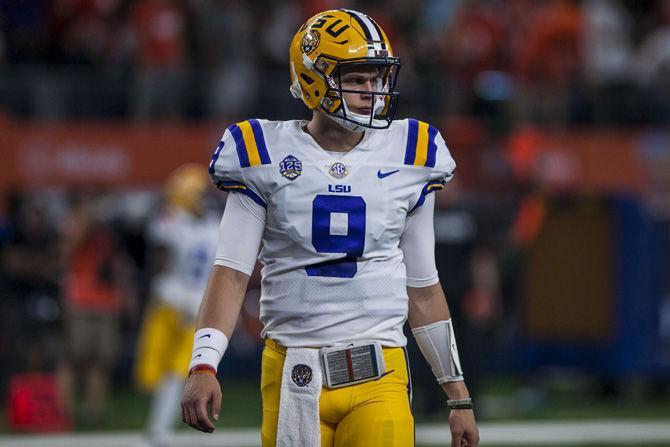 LSU junior quarterback Joe Burrow (9) paces the field during the Tigers' 33-17 victory over Miami in the AdvoCare Classic on Sunday, Sept. 2, 2018 at AT&amp;T Stadium in Arlington, Texas.