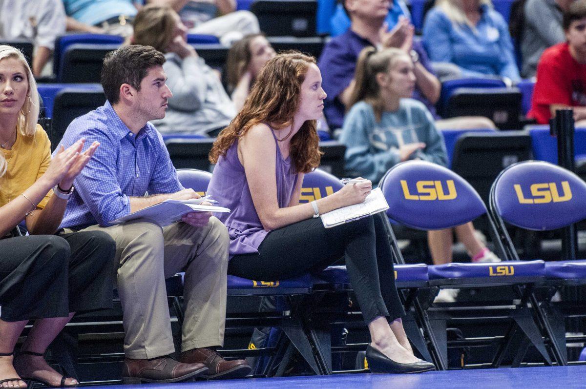 Assistant coach Sarah Rumely watches her team from the sidelines during the Lady Tigers' 1-3 loss in the PMAC against Duke on Friday, Aug. 31, 2018.