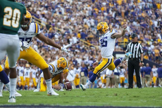 LSU sophomore placekicker Cole Tracy (36) kicks a PAT during the Tigers&#8217; 31-0 victory over Southeastern on Saturday, Sept. 8, 2018, in Tiger Stadium.