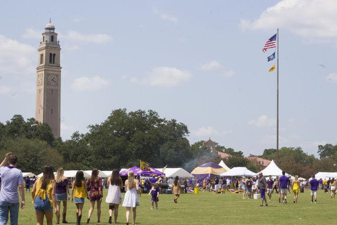 LSU fans enjoy tailgating weather on Saturday, Sept. 9, 2017, on the Parade Ground under the Memorial Tower.