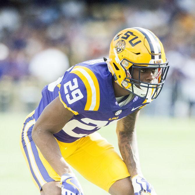 LSU sophomore cornerback Greedy Williams (29) prepares to defend during the purple team&#8217;s 28-27 victory against the gold team during the Spring Game on Saturday, April 21, 2018, at Tiger Stadium.