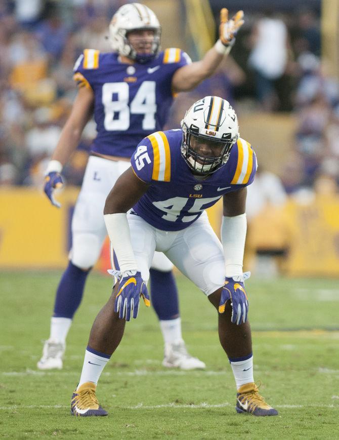 LSU sophomore linebacker Michael Divinity Jr. (45) prepares for the play during Tigers&#8217; 24-21 loss against Troy on Saturday, Sept. 30, 2017, in Tiger Stadium.