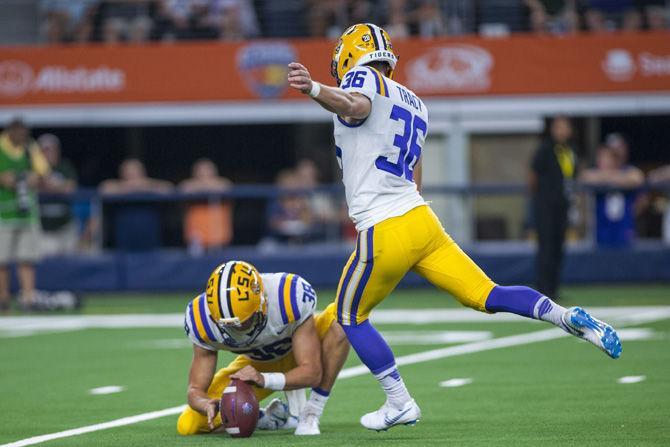 LSU sophomore placekicker Cole Tracy (36) kicks the ball during the Tigers' 33-17 victory against Miami in the AdvoCare Classic on Sunday, Sept. 2, 2018 in AT&amp;T Stadium in Arlington, Texas.