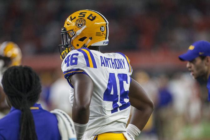 LSU sophomore linebacker Andre Anthony (46) waits for a play to start during the Tigers' 33-17 victory against Miami in the AdvoCare Classic on Sunday, Sept. 2, 2018 in AT&amp;T Stadium in Arlington, Texas.