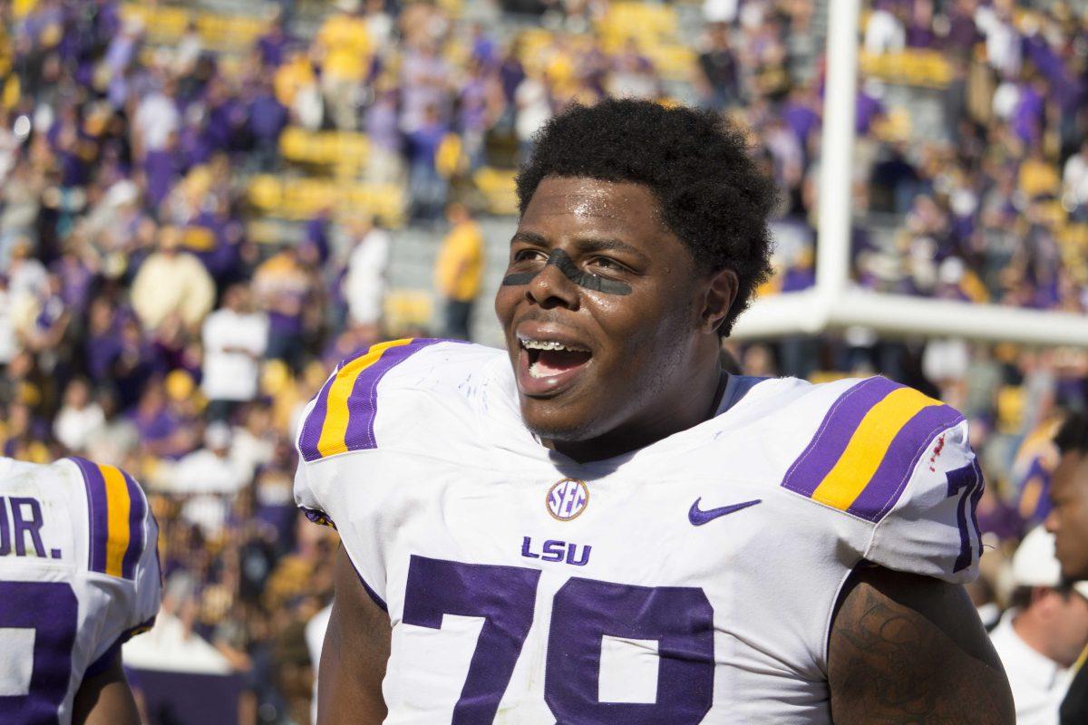 LSU junior offensive guard Garrett Brumfield (78) celebrates after the Tigers&#8217; 33-10 victory over Arkansas on Saturday, Nov. 11, 2017, in Tiger Stadium.