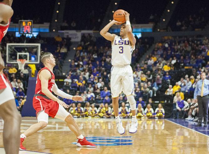 LSU freshman guard Tremont Waters (3) shoots a three pointer during the Tigers' 80-77 victory against the Houston Cougars on Wednesday, Dec. 13, 2017, in the PMAC.