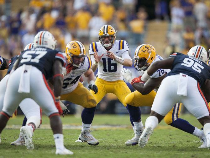 LSU senior quarterback Danny Etling (16) prepares for the snap during the Tigers' 27-23 victory against Auburn on Saturday, Oct. 14, 2017, in Tiger Stadium.