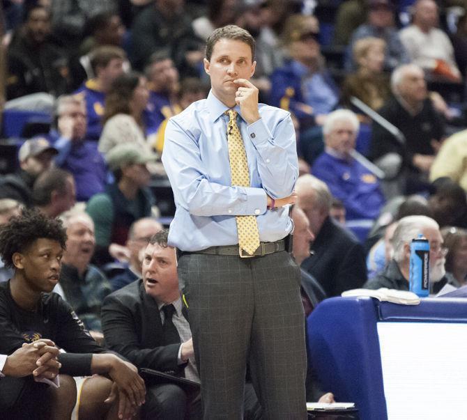 LSU coach Will Wade watches his team play during the Tigers' 80-77 victory against the Houston Cougars on Wednesday, Dec. 13, 2017, in the PMAC.