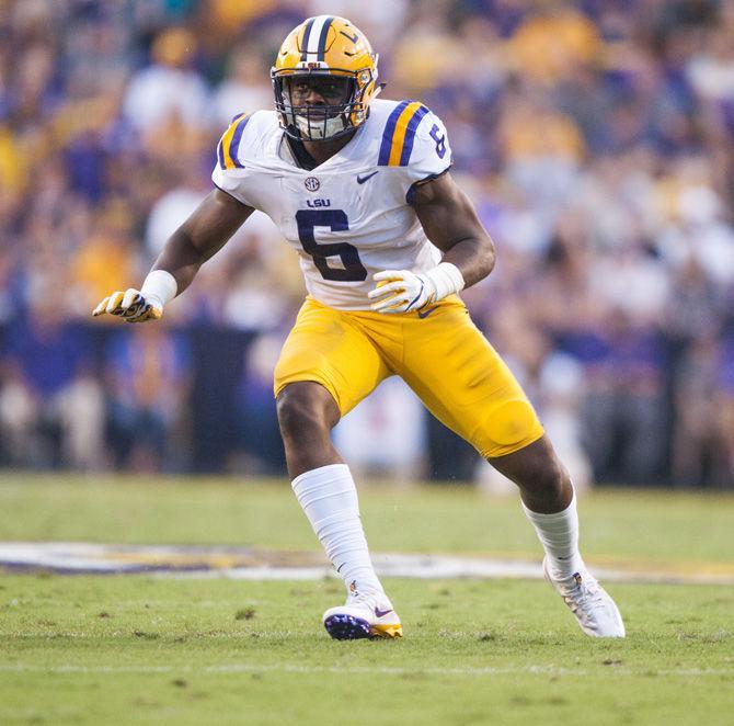 LSU freshman linebacker Jacob Phillips (6) during the Tigers' 35-26 win against Syracuse on Saturday, Sept. 23, 2017, in Tiger Stadium.