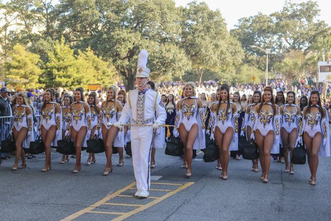 The Golden Band from Tigerland performs down Victory Hill before the Tigers' game against Arkansas on Saturday, Nov. 11, 2017.